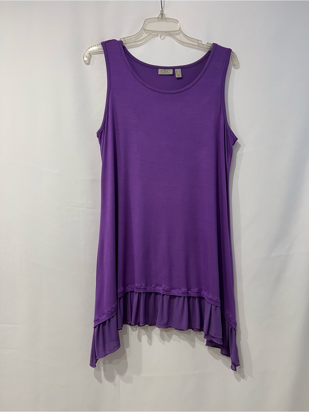 LOGO Purple Sleeveless Ruffle-Hem Long Tank Top Size L